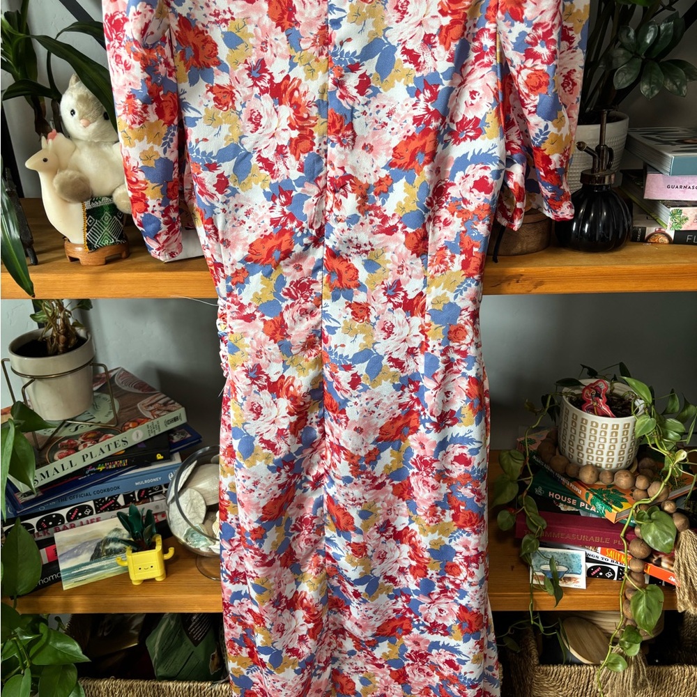 Floret Studios Floral Satin Faux Wrap Midi Dress | Medium - Picture 6 of 7